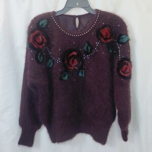 Vintage 80s Lined Wool Angora Fully Lined, Beads, Jewels, Faux Fur Burgundy EUC